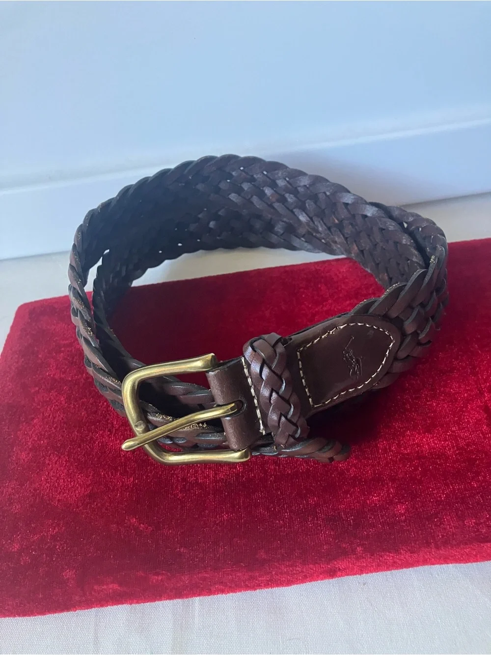 Ralph Lauren Dark Brown Leather Woven Belt Polo Player Logo 36.